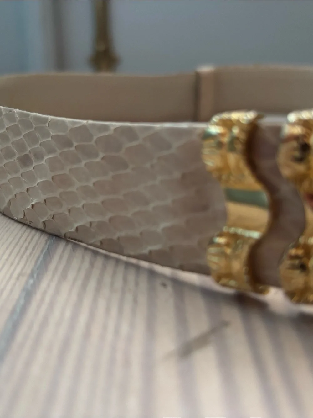 Vintage Judith Leiber Ivory Snakeskin Signature Belt with Gold Lion Crest